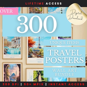 300 PÔSTERES DE VIAGEM MEGA Bundle Vintage Neutral Gallery Wall Set Prints Minimalista Wall Art Prints Presente Estético Decoração de quarto Arte para download