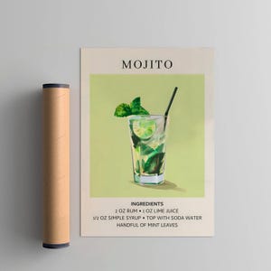 Mojito Cocktail Art Print, Retro Drink Poster, Minimalistyczna Nowoczesna Sztuka Ścienna, Duża Sztuka Ścienna Koktajlowa Natychmiastowa Drukowana Sztuka Ścienna