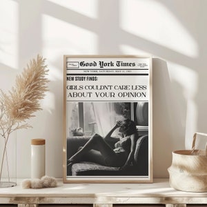 Girls Couldn't Care Less Trendy New York Newspaper Print Vintage Bar Cart Retro Wall Art Newspaper Headline Poster College Apartment Decor