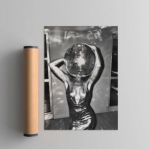 Girl With a Disco Ball Wall Art Print, Bar Cart Trendy Aesthetic Poster, Kitchen Gallery Decor, Apartment, Minimalistic Fine Art Print