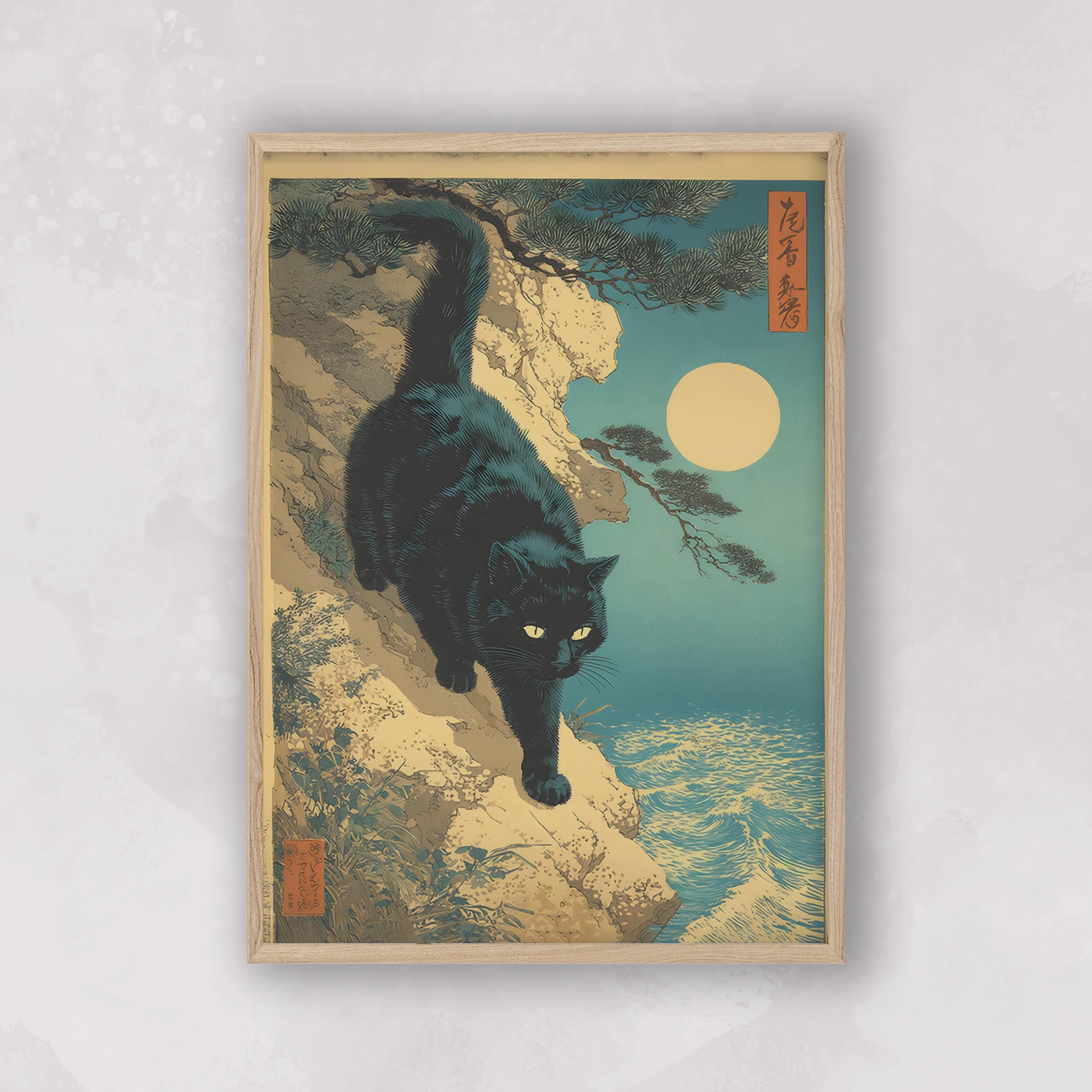 絵画 black cat Japanese Black Cat Print, Hokusai Ukiyo-e Wall Art (digital
