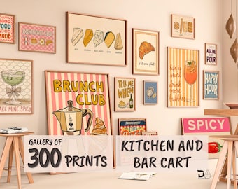 May include: A gallery wall featuring framed art prints with kitchen and bar themes. Prints include food illustrations, cocktail art, and phrases like "Brunch Club" and "Happy Hour." A banner reads "Gallery of 300 Prints."