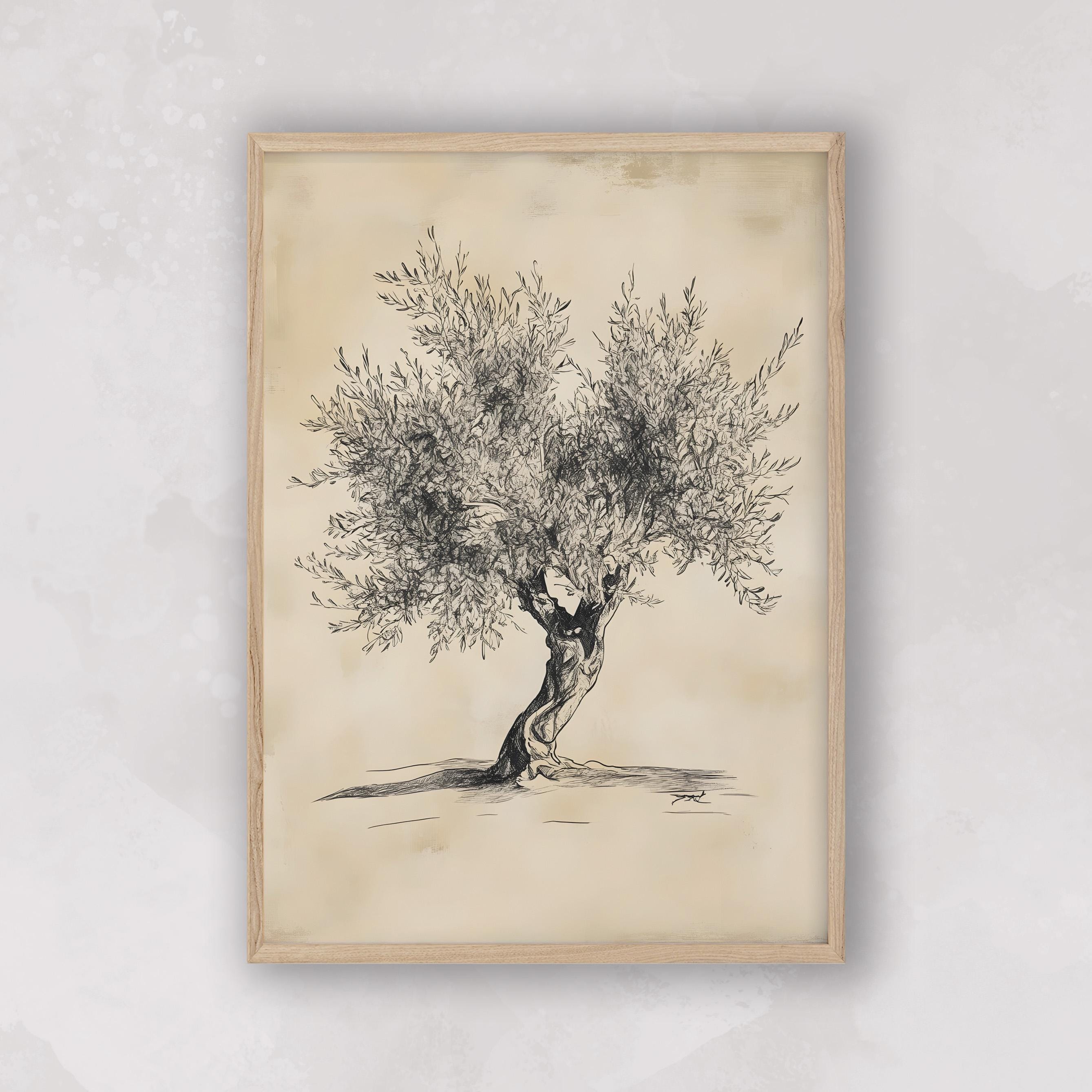 Minimalist Olive Tree Sketch Print: Dark Botanical Wall Art