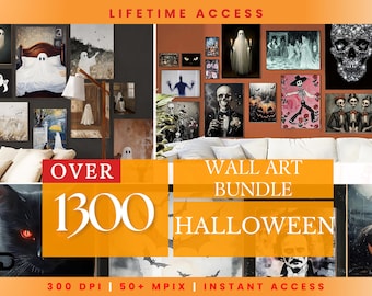 May include: A collage of over 1300 Halloween-themed wall art prints. The prints feature various spooky and whimsical designs, including ghosts, skeletons, pumpkins, and bats. The text "OVER 1300 HALLOWEEN" is displayed in large, bold letters on a yellow background. The text "LIFETIME ACCESS" is displayed in white letters on a red background. The text "WALL ART BUNDLE" is displayed in white letters on a black background. The text "300 DPI | 50+ MPIX | INSTANT ACCESS" is displayed in white letters on a black background.