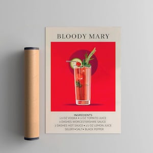 Bloody Mary Cocktail Art Print, Cocktail Art Poster, Retro Drink Poster Minimalist, Trendy Large Wall Art Bar Cart Art Decor Printable