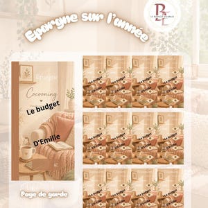 Puede incluir: Un planificador beige y marrón con el texto "Epargne sur l'année" y "Le budget". El planificador incluye páginas de presupuesto mensuales y una portada con el texto "Cocooning".