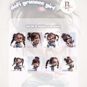 Könnte beinhalten: Ein Grafikdesign mit dem Text "défi grimace girl" und "lot de 8 cartes à gratter". Das Bild zeigt acht Illustrationen eines Cartoon-Mädchens mit verschiedenen Frisuren und Gesichtsausdrücken. Das Logo "Le budget D'Emilie" ist ebenfalls vorhanden.