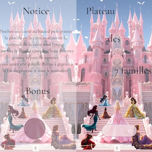 Peut inclure: Un jeu de société illustré en rose et blanc avec le texte "Notice" et "Plateau des 7 familles". Le jeu présente un château rose et des illustrations de princesses. Des instructions sont également incluses.