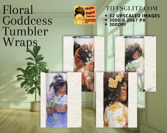 Plus Size Black Women Floral Tumbler Wrap – Cottagecore Watercolor Digital Printable – Empowering African American Goddess Design
