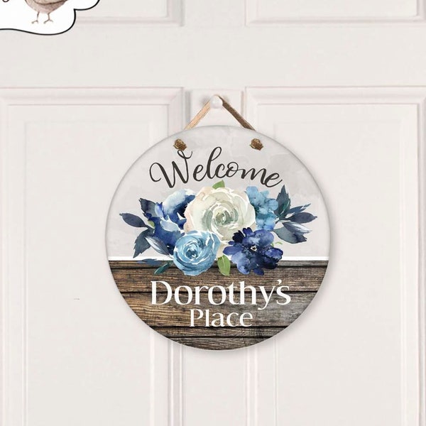 Personalized Round Door Sign for Assisted or Senior Living Apartment, Navy Floral 12" Circle Sign,