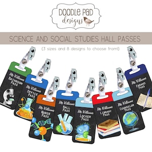 May include: Eight different hall pass designs for teachers. The passes feature a chalkboard background with various science and social studies themes. The designs include a microscope, beakers, a globe, books, and a DNA strand. The text on the passes reads "Ms. Williams" and includes the pass type, such as "Bathroom Pass", "Office Pass", "Nurse Pass", "Hall Pass", "Locker Pass", "Library Pass", "Counselor Pass", and "Errand Pass".