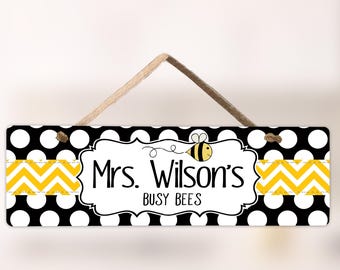 Teacher Door Sign Busy Bees Classroom Name Hanger Custom Bumble Bee Elementary School Teacher Gift
