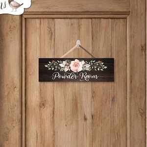 Custom Powder Room Door Sign with Blush Pink Roses, Farmhouse inspired Decor