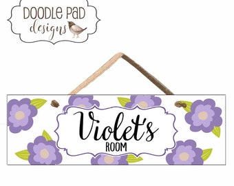 Personalized Violet Door Name sign, Girl's Room Decor, Purple Flowers