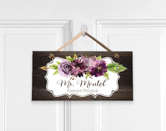 Boho Office Door Sign, Mauve Watercolor Flowers, Powder Room Sign