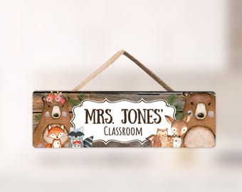 Teacher Door Sign Custom Classroom Door Hanger Teacher Name Sign Woodland Classroom Theme Gift for Teacher Appreciation