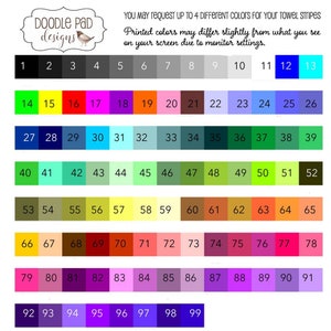 K&ouml;nnte beinhalten: Eine Farbkarte mit 99 verschiedenen Farbmustern. Jedes Muster ist von 1 bis 99 nummeriert. Der Text "Doodle Pad Designs" befindet sich oben auf der Karte. Der Text "Sie k&ouml;nnen bis zu 4 verschiedene Farben f&uuml;r Ihre Handtuchstreifen anfordern" befindet sich oben auf der Karte. Der Text "Gedruckte Farben k&ouml;nnen leicht von dem abweichen, was Sie auf Ihrem Bildschirm sehen, da die Monitoreinstellungen unterschiedlich sind." befindet sich oben auf der Karte.