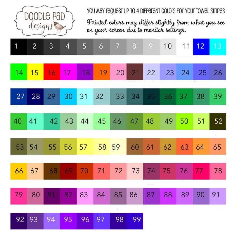 K&ouml;nnte beinhalten: Eine Farbkarte mit 99 verschiedenen Farbmustern. Jedes Muster ist von 1 bis 99 nummeriert. Der Text "Doodle Pad Designs" befindet sich oben auf der Karte. Der Text "Sie k&ouml;nnen bis zu 4 verschiedene Farben f&uuml;r Ihre Handtuchstreifen anfordern" befindet sich oben auf der Karte. Der Text "Gedruckte Farben k&ouml;nnen leicht von dem abweichen, was Sie auf Ihrem Bildschirm sehen, da die Monitoreinstellungen unterschiedlich sind." befindet sich oben auf der Karte.