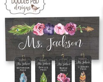 Personalized Boho Classroom Decor, Hall Passes Sign, Teacher Gift, Classroom Organizer