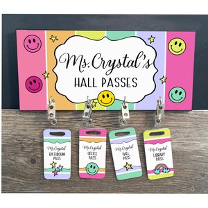 Groovy Rainbow Hall Pass Hanger Personalized Rainbow Smiles Hall Passes Classroom Organizer