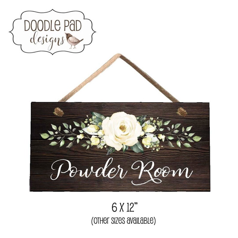 Powder Room Door Sign Farmhouse Inspired Decor White Roses - Etsy