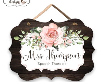 Custom Office Door Sign with Blush Pink Roses