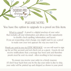 May include: A watercolor design with the text "DOODLE PAD designs" in a decorative frame, accompanied by text explaining the option to upgrade to a proof for the item. The design includes green leaves and small white berries.