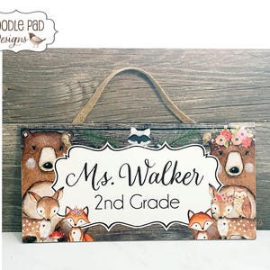Teacher Door Sign Custom Classroom Door Hanger Teacher Name Sign Woodland Classroom Theme Gift for Teacher Appreciation