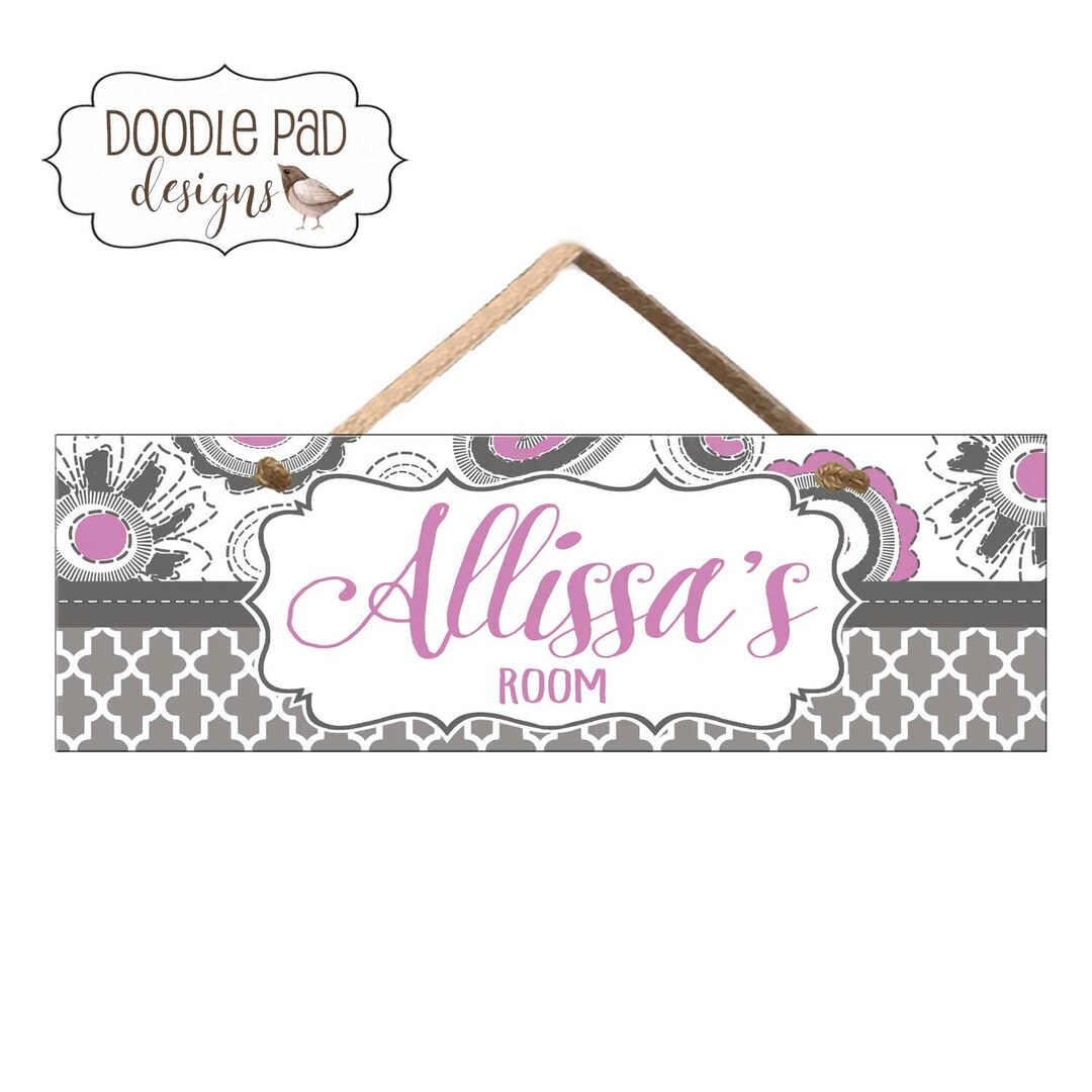 Personalized Girl's Room Door Sign With Grey Quatrefoil - Etsy