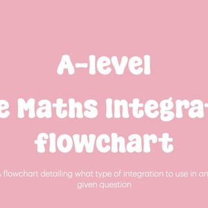 Può includere: Uno sfondo rosa con testo bianco che recita "A-level Pure Maths Integration flowchart". Il testo è in un carattere arrotondato e giocoso. Sotto il testo c'è una frase più piccola che recita "Un diagramma di flusso che descrive quale tipo di integrazione utilizzare in qualsiasi domanda data."
