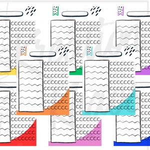 May include: A printable planner page with six different coloured sections. Each section has a blank space at the top and a grid of circles below. The sections are coloured red, orange, yellow, green, blue, and purple.