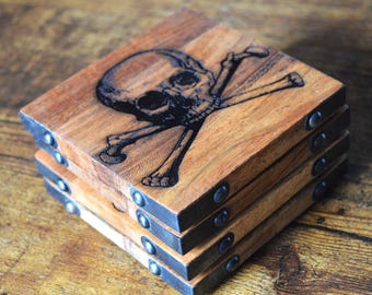 Skull & Crossbones Acacia Wood Coasters -  Pirate gifts, gothic Décor, Set of 4 or 6