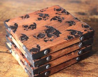 Skull pattern acacia wood coasters, laser engraved drinkware, man cave, gothic gifts