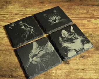 Katzen - Set aus 4 quadratischen oder runden Naturschiefer-Untersetzern, Hauptgeschenke, Gran-Höhle, Haustiergeschenke