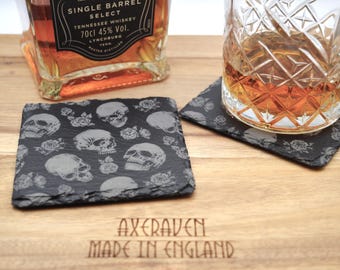 Set of Skull and Rose laser etched Natural Slate Coasters