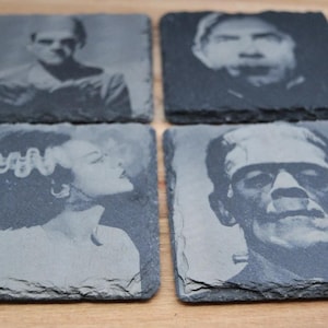 Universal Monsters Laser Engraved Slate Coasters: Gothic Halloween Decor, classic horror gifts