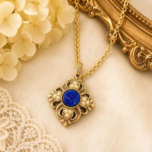 Vintage Avon Blue Glass Pendant Necklace | Sapphire Blue Statement Necklace | Silver Tone Vintage Jewelry | Old Hollywood Glamour | Romantic