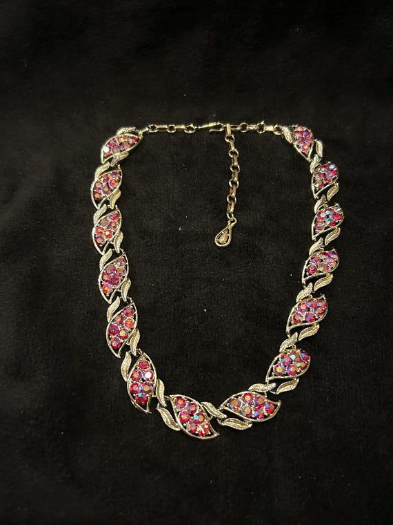 Vintage Coro Ruby AB Rhinestone Leaf Necklace | G… - image 2