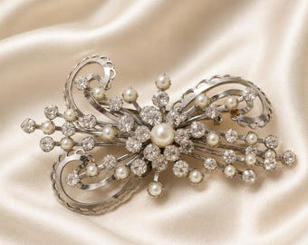 Vintage Silber Ton Strass und Faux Perle Spray Brosche Mitte Jahrhundert Floral Statement Pin Hochzeit Braut Schmuck Geschenk für Sie