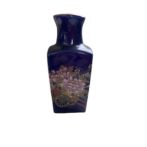 Miniature Japanese Cobalt Blue Vase | Floral Cart Design | Square Moriage Style