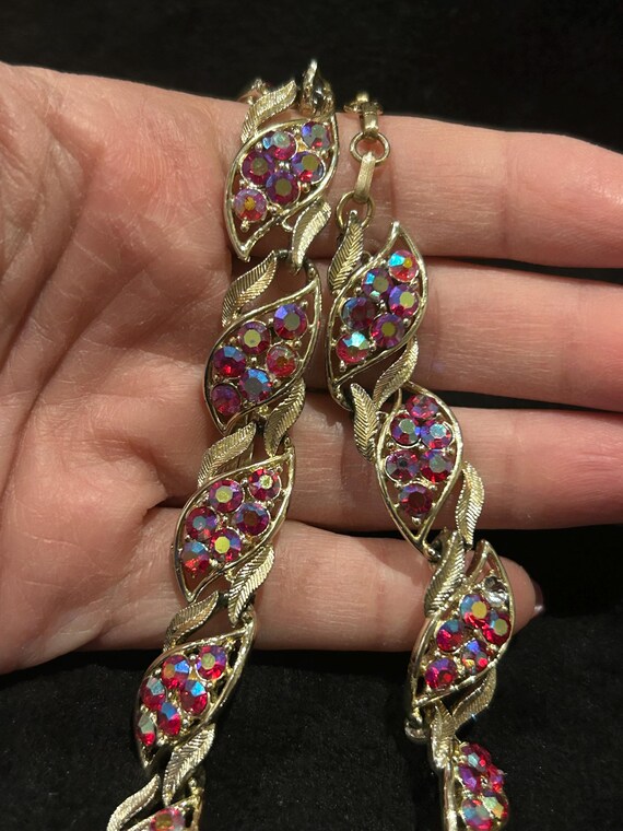 Vintage Coro Ruby AB Rhinestone Leaf Necklace | G… - image 8