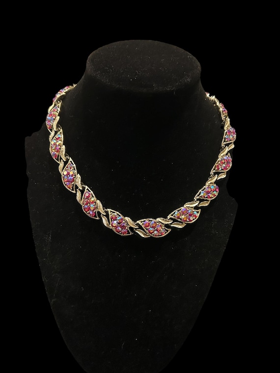 Vintage Coro Ruby AB Rhinestone Leaf Necklace | G… - image 1