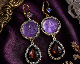 Pendientes firmados de Kirk’s Folly con cara de luna, pendientes colgantes de diamantes de imitación celestiales morados, joyería de fantasía Aurora Boreal