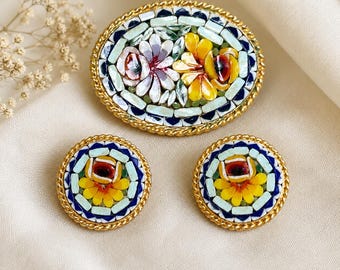 Vintage Italian Micro Mosaic Brooch & Clip On Earring Set, Floral Mosaic Jewelry, Mid Century Italian Souvenir Jewelry, Colorful Flower Pin
