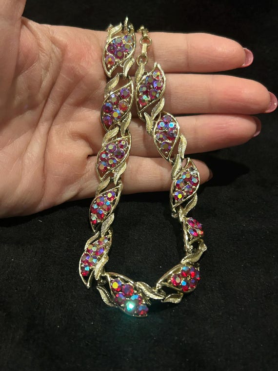 Vintage Coro Ruby AB Rhinestone Leaf Necklace | G… - image 7