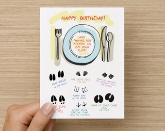 Happy Birthday & Thanks for Keeping Us Off Your Plate Recycled Paper Folded Greeting Card for Vegans and Vegetarians