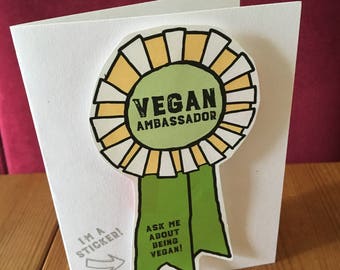 Vegan Ambassador Award Ribbon Sticker Folded Recycled Paper Greeting Card