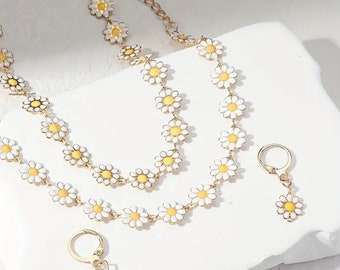 Conjunto de joyas margaritas pequeñas collar de flores + pulsera + pendientes