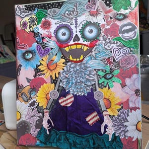 Collage abstrait avec techniques mixtes. Original peint à la main.  Toile tendue, cadre en bois Décoration murale / Décoration d'intérieur Artiste alternatif Sugar Skulls