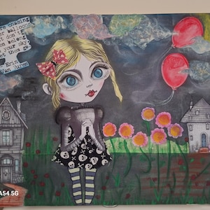 Bambola artistica motivazionale "Chasing Balloons", tecnica mista, tela di quercia. Bambola gotica, arte infestata, fatta a mano. Arte assemblata. Hauntedsoulsartdolls